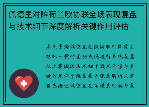 佩德里对阵荷兰欧协联全场表现复盘与技术细节深度解析关键作用评估